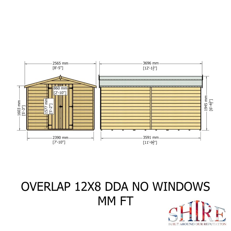 Shire DT Overlap Windowless Double Doors Shed 12x8 - Willow Woodhouse